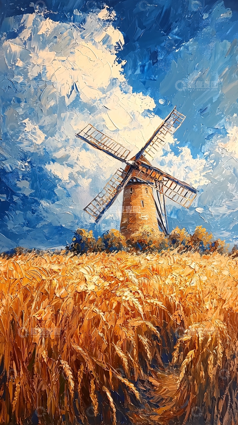 高清大图下载【趣麦麦图】麦田风车油画风景