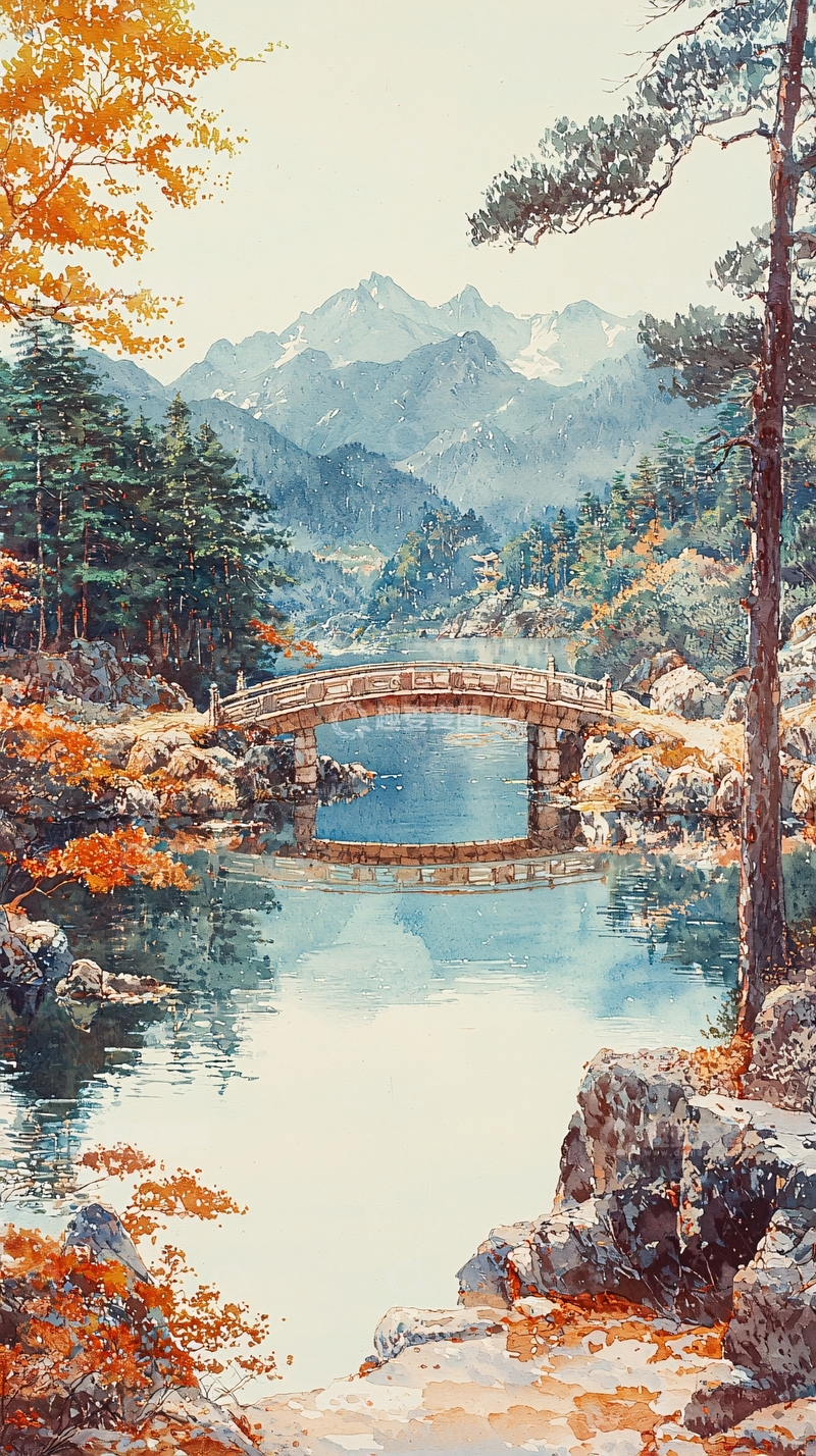 高清大图下载【趣麦麦图】秋山静水古桥倒影