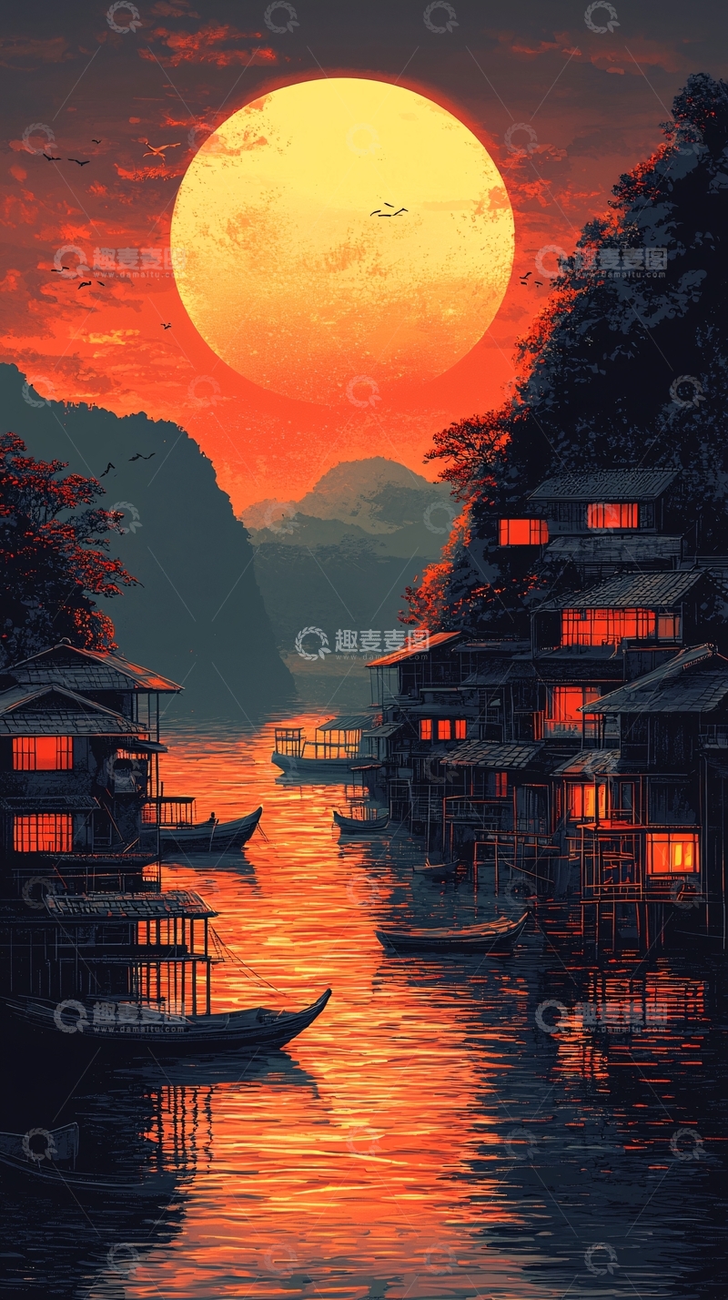 高清大图下载【趣麦麦图】日落黄昏山水村庄