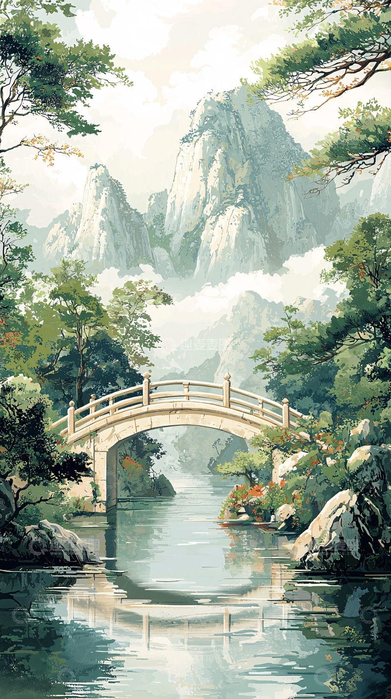 高清大图下载【趣麦麦图】水墨画山水桥