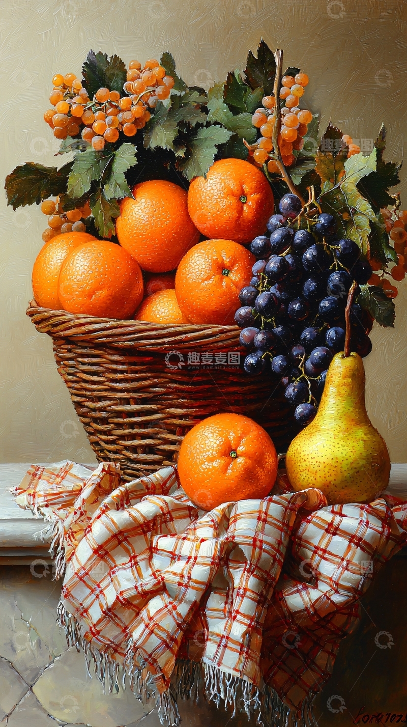 高清大图下载【趣麦麦图】水果篮静物油画