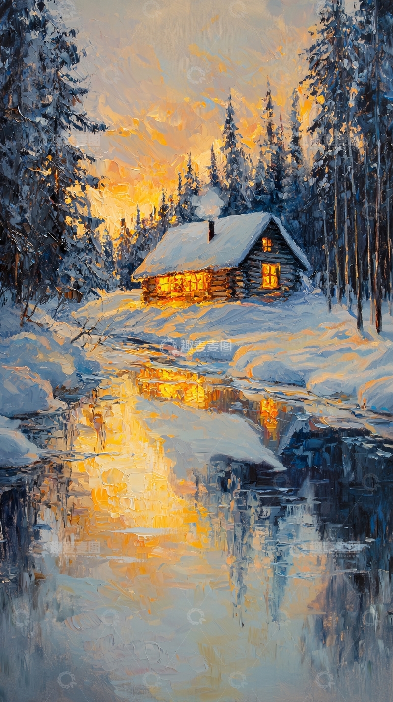 高清大图下载【趣麦麦图】雪夜木屋