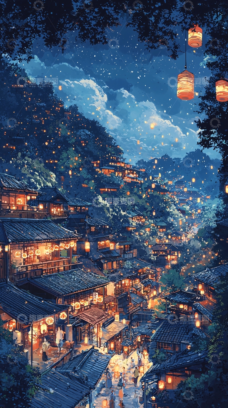 高清大图下载【趣麦麦图】山间夜景小镇