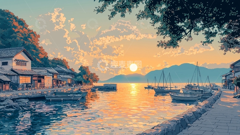 高清大图下载【趣麦麦图】日落海港小镇风景画