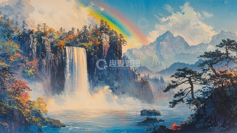 高清大图下载【趣麦麦图】瀑布彩虹山水画意境
