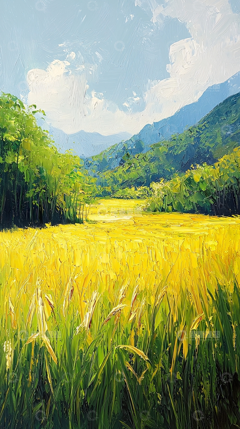 高清大图下载【趣麦麦图】金黄稻田油画风景