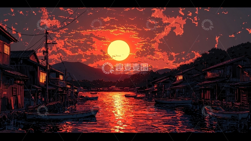高清大图下载【趣麦麦图】红日西沉海港小镇