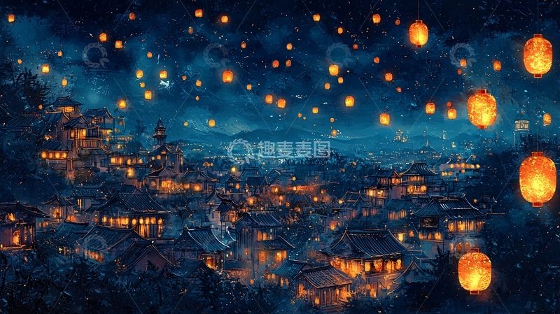高清大图下载【趣麦麦图】夜空中飞舞的灯笼小镇