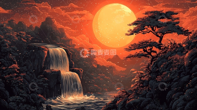 高清大图下载【趣麦麦图】血月下的瀑布