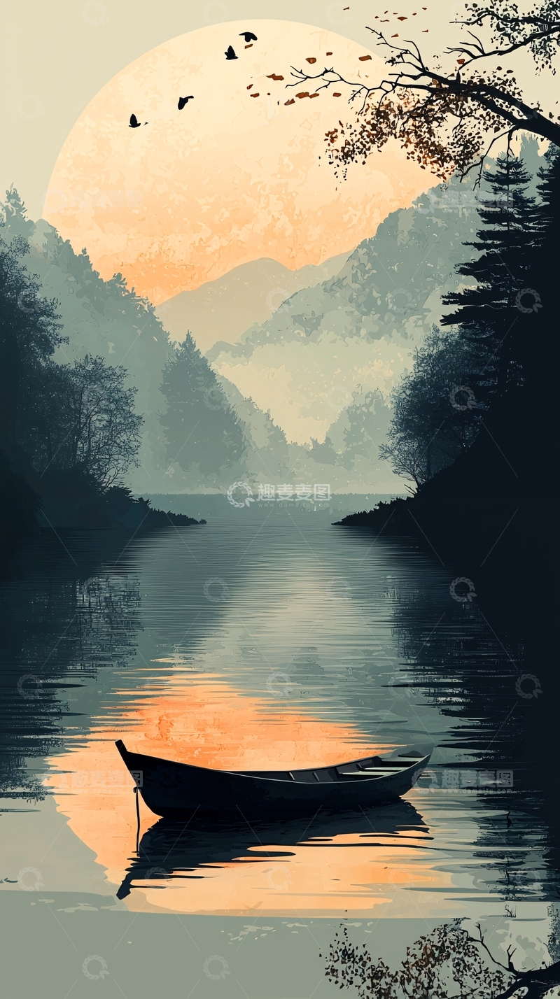 高清大图下载【趣麦麦图】静谧湖泊月夜小船