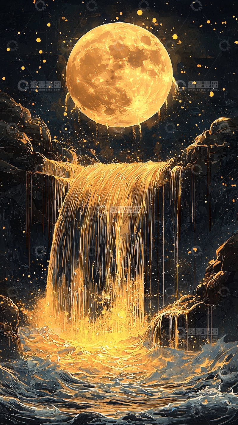高清大图下载【趣麦麦图】金色瀑布月光夜