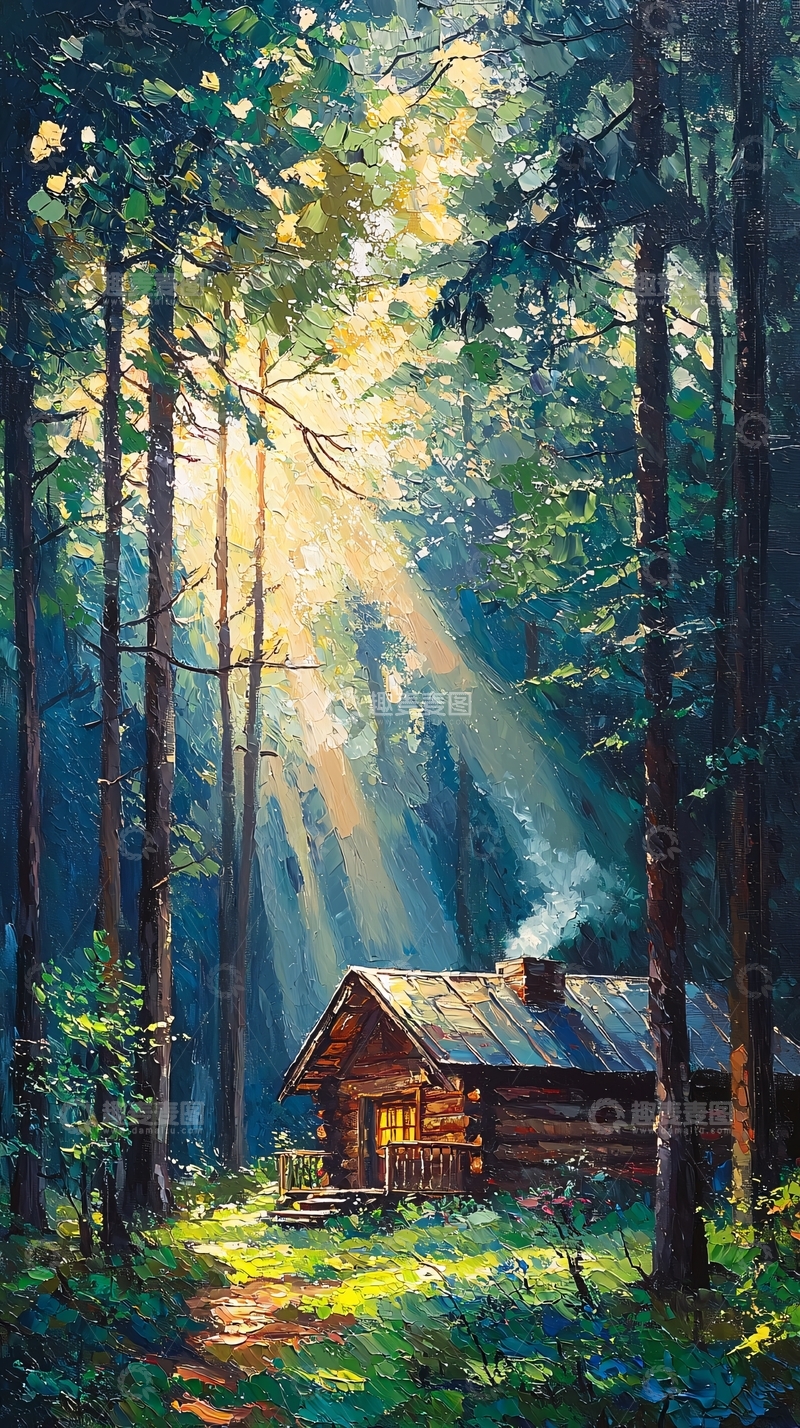 高清大图下载【趣麦麦图】森林木屋阳光