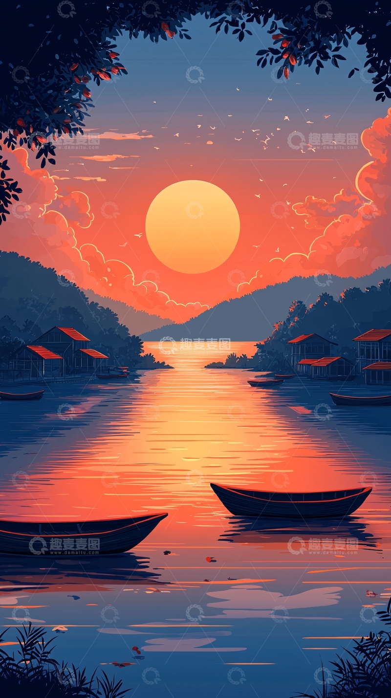 高清大图下载【趣麦麦图】平静湖面日落美景