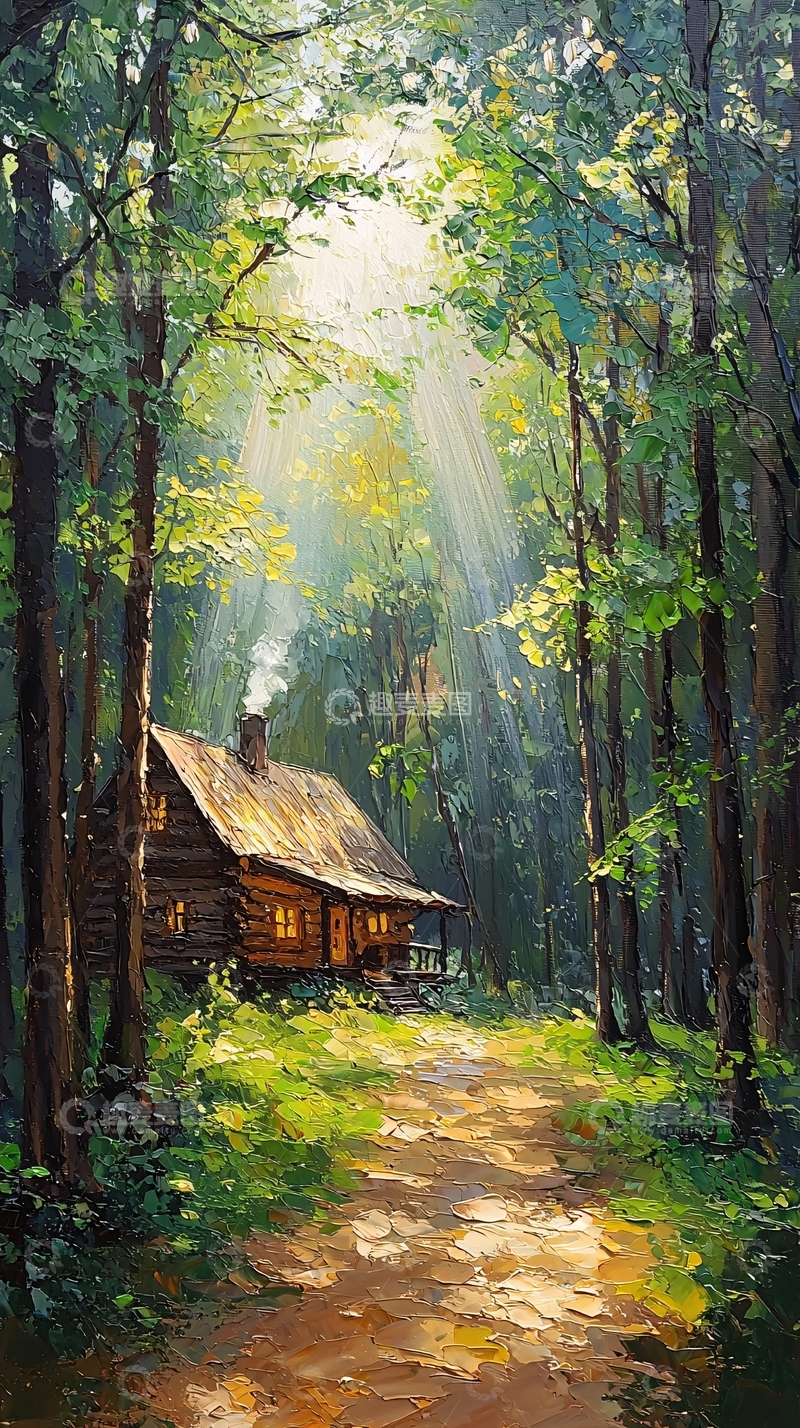 高清大图下载【趣麦麦图】森林木屋阳光