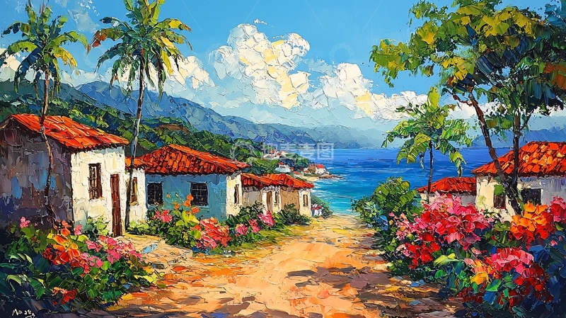 高清大图下载【趣麦麦图】热带海滨小镇风景画