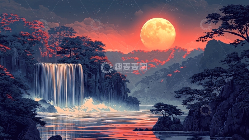 高清大图下载【趣麦麦图】梦幻山水月夜