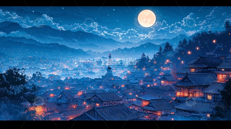 高清大图下载【趣麦麦图】梦幻月夜山村夜景