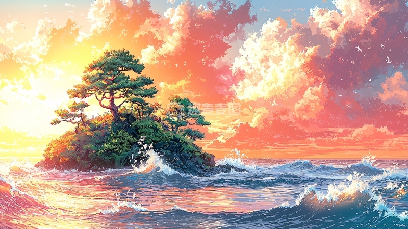 高清大图下载【趣麦麦图】日出海岛树木