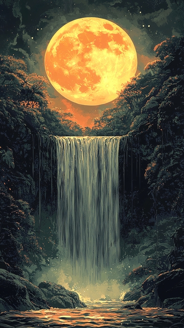 巨型橙色月亮下的瀑布