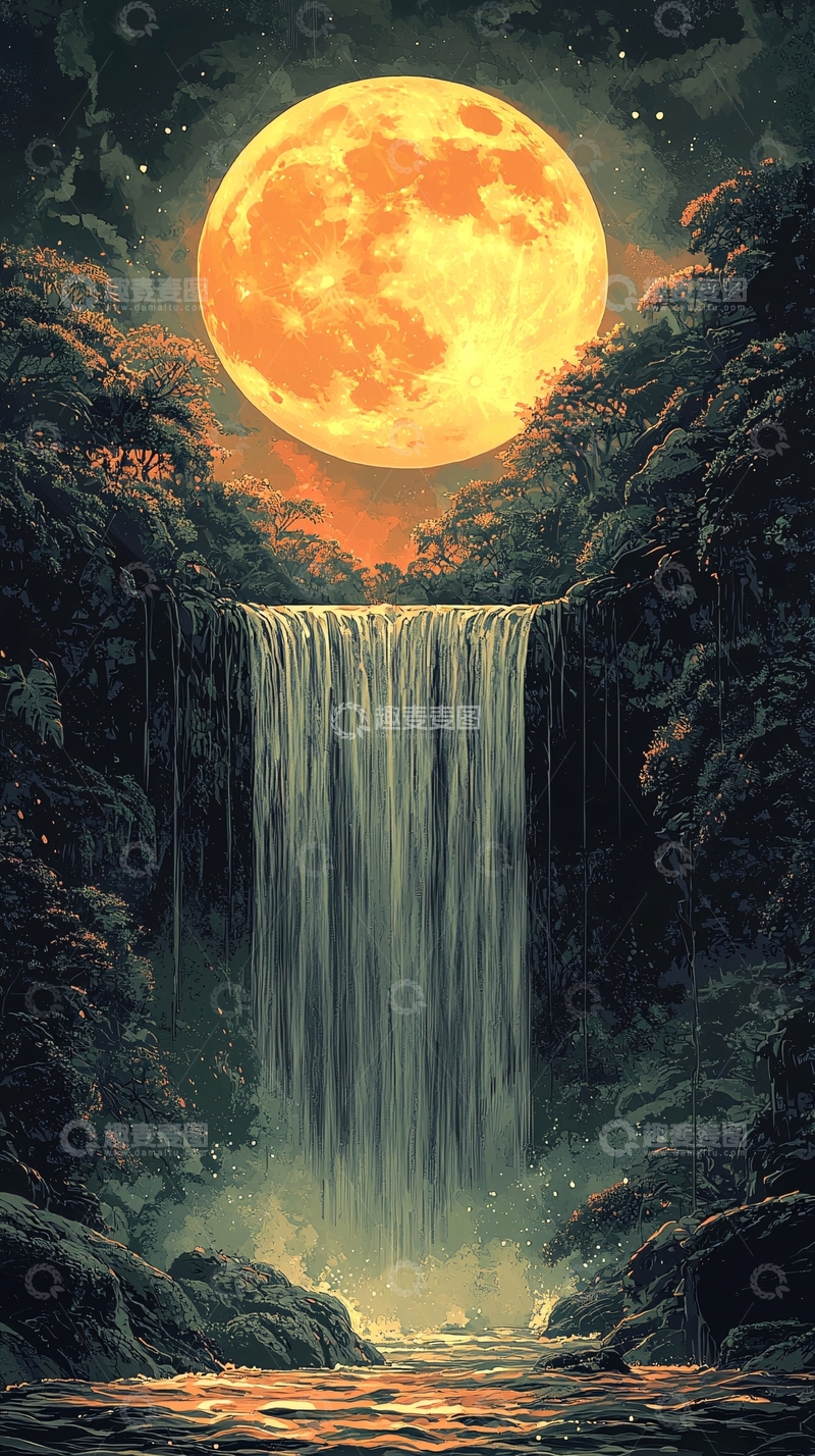 高清大图下载【趣麦麦图】巨型橙色月亮下的瀑布