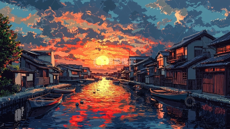 高清大图下载【趣麦麦图】日落小镇河道景色