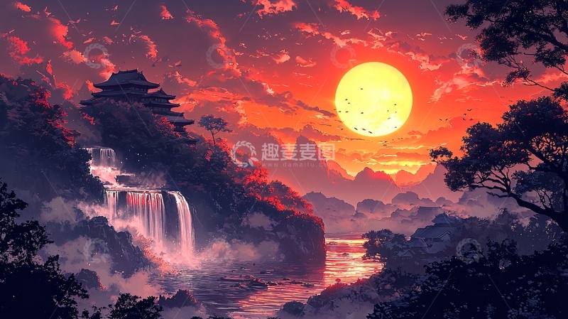 高清大图下载【趣麦麦图】日落山水画