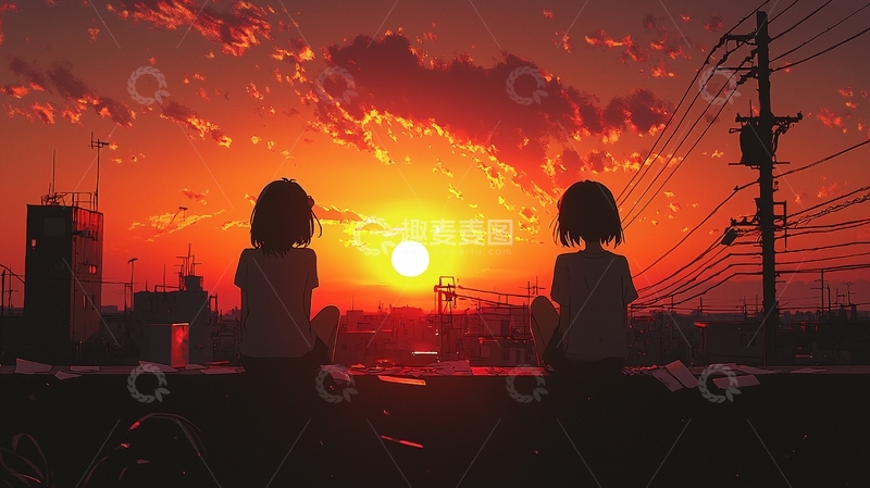 高清大图下载【趣麦麦图】落日余晖下的两个女孩
