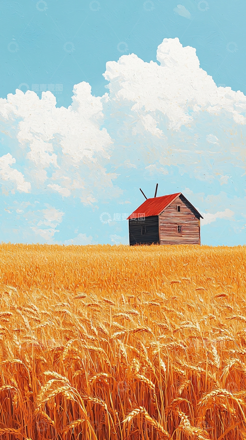 高清大图下载【趣麦麦图】麦田里的红色屋顶风车