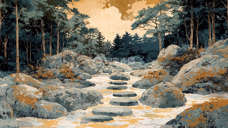 高清大图下载【趣麦麦图】森林小溪石阶