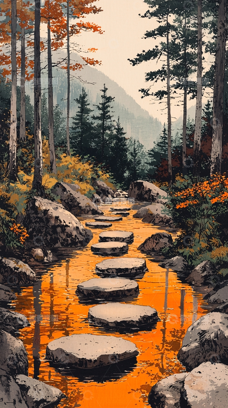 高清大图下载【趣麦麦图】秋日森林小溪石阶