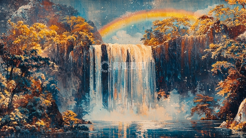 高清大图下载【趣麦麦图】梦幻瀑布彩虹森林