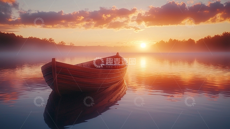 高清大图下载【趣麦麦图】日出湖面小木船