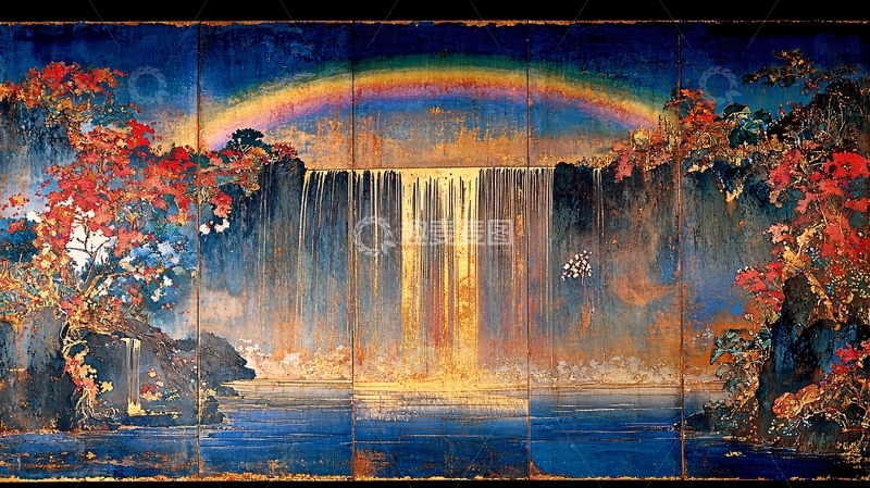 高清大图下载【趣麦麦图】彩虹瀑布山水画