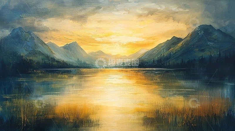 高清大图下载【趣麦麦图】山峦湖泊日落风景画