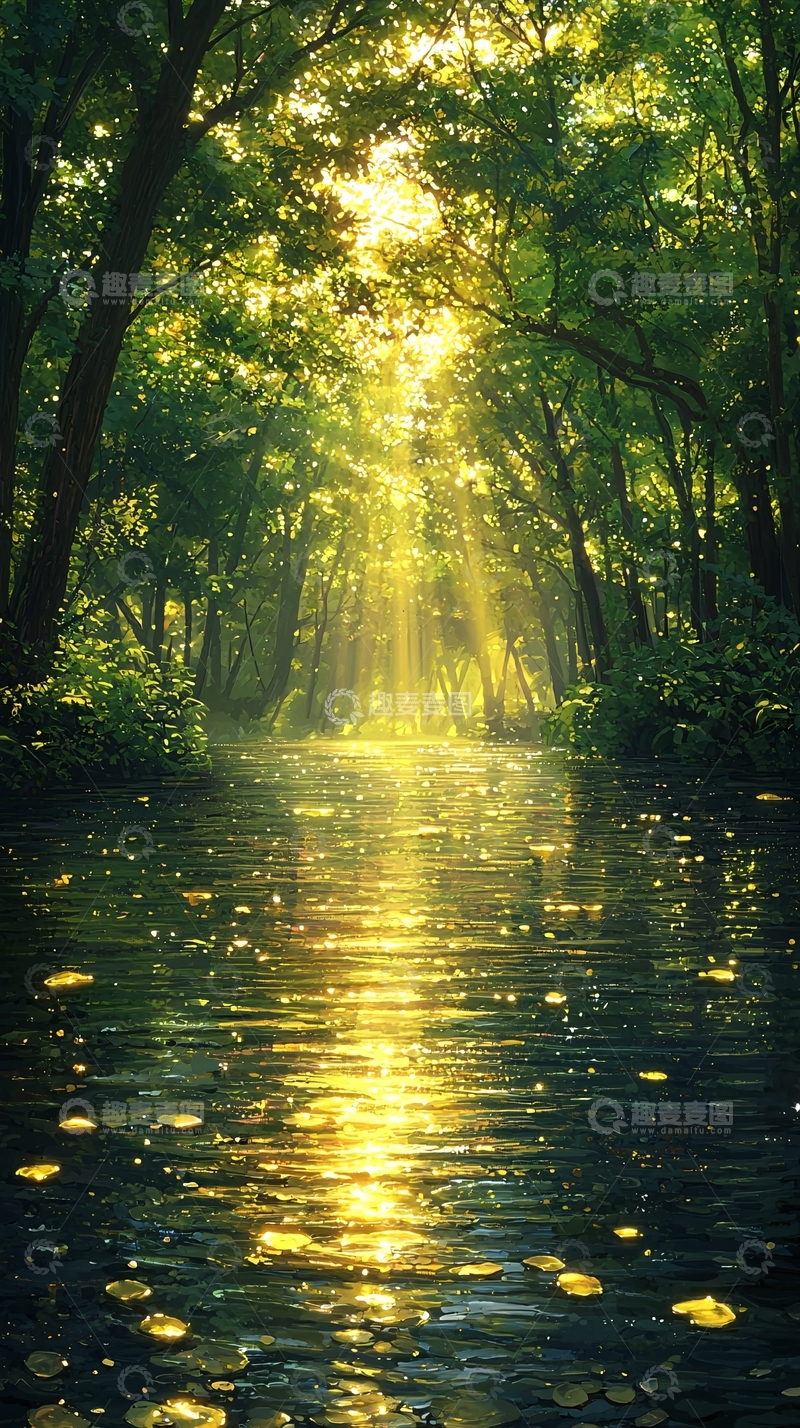 高清大图下载【趣麦麦图】森林小溪阳光