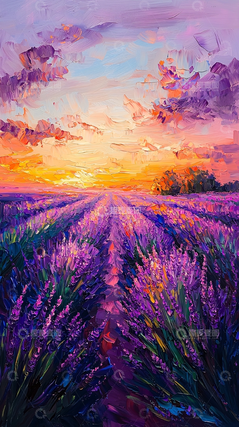 高清大图下载【趣麦麦图】薰衣草田夕阳风景画