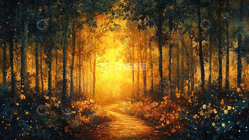 高清大图下载【趣麦麦图】森林小路金光闪闪
