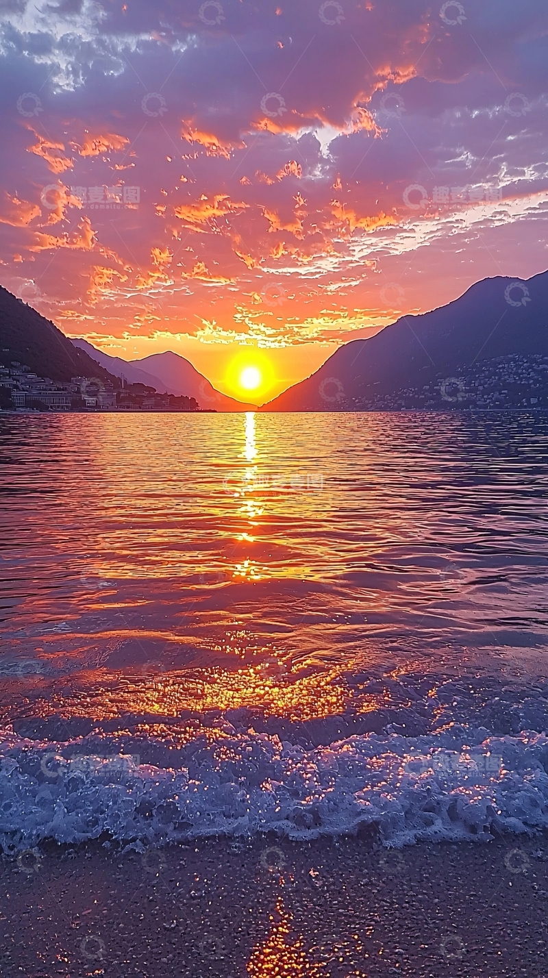 高清大图下载【趣麦麦图】山峦湖泊日落美景