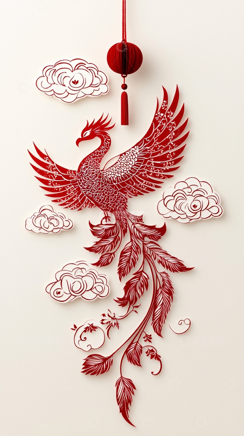 高清大图下载【趣麦麦图】红凤凰祥云剪纸