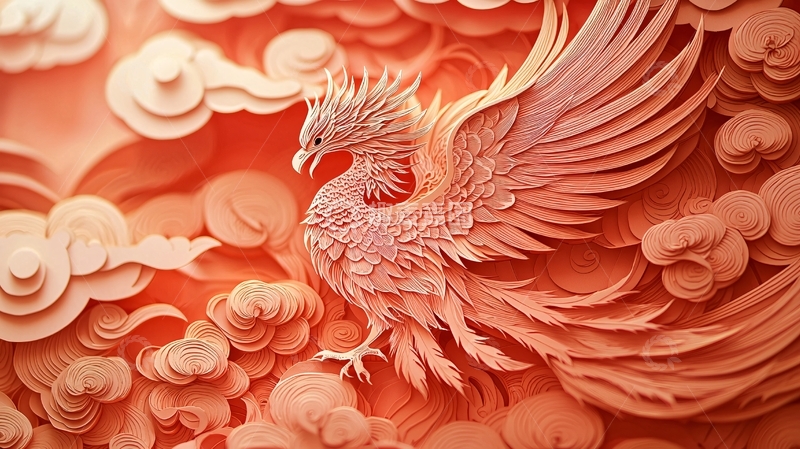 高清大图下载【趣麦麦图】祥云瑞凤剪纸风格