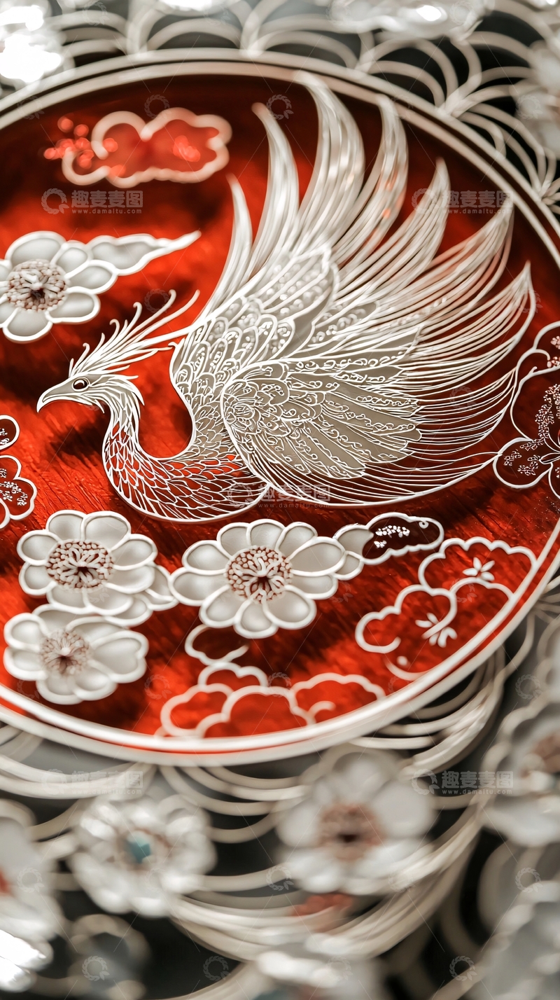 高清大图下载【趣麦麦图】红底白银凤凰纹饰