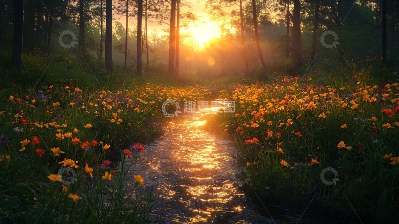 高清大图下载【趣麦麦图】森林日出小溪