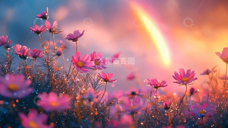 高清大图下载【趣麦麦图】彩虹下的粉红色宇宙花田