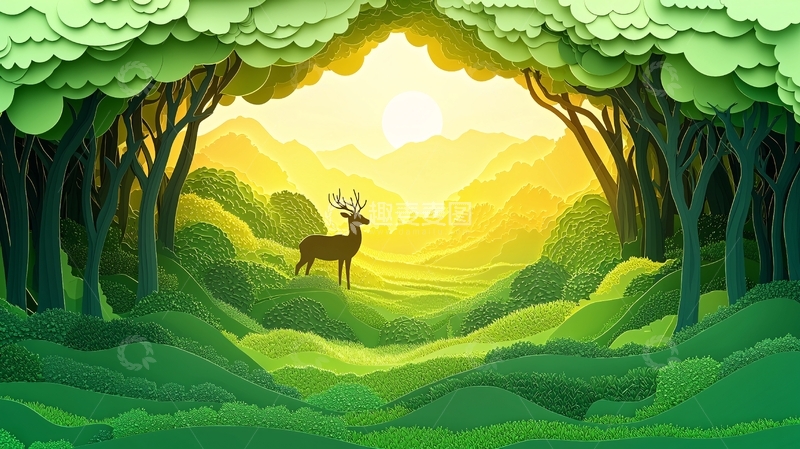高清大图下载【趣麦麦图】森林鹿日出