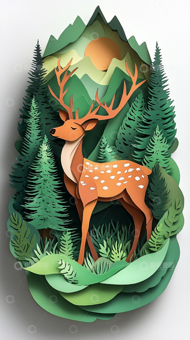 高清大图下载【趣麦麦图】森林剪纸鹿