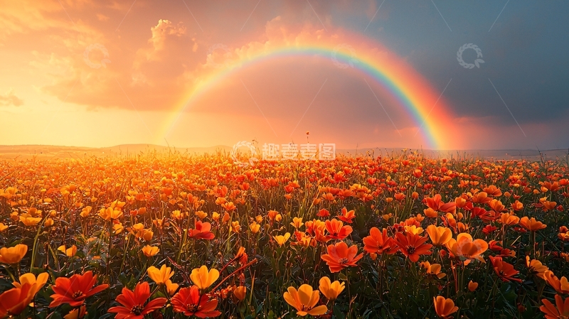 高清大图下载【趣麦麦图】日出彩虹花海