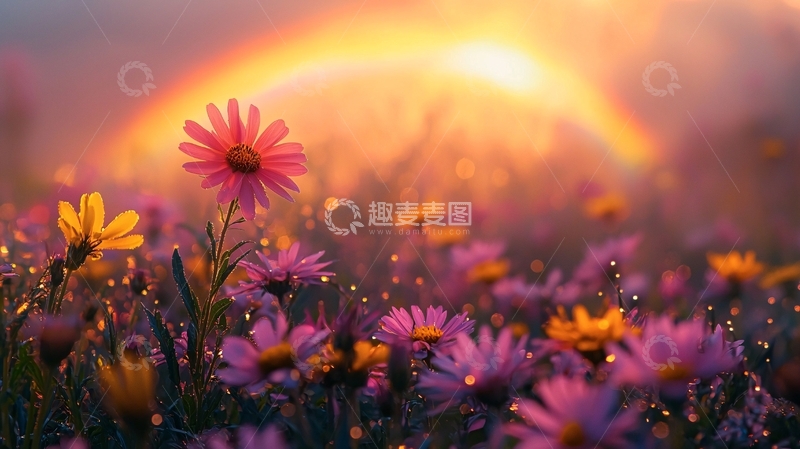 高清大图下载【趣麦麦图】日出彩虹花海