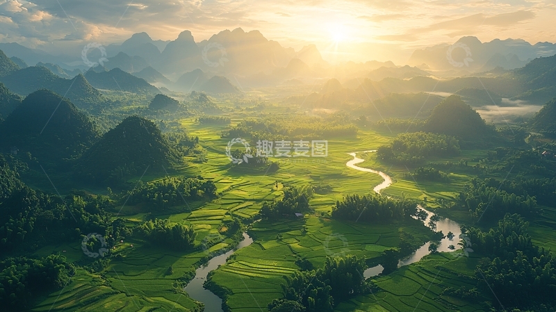 高清大图下载【趣麦麦图】日出山峦田园风光