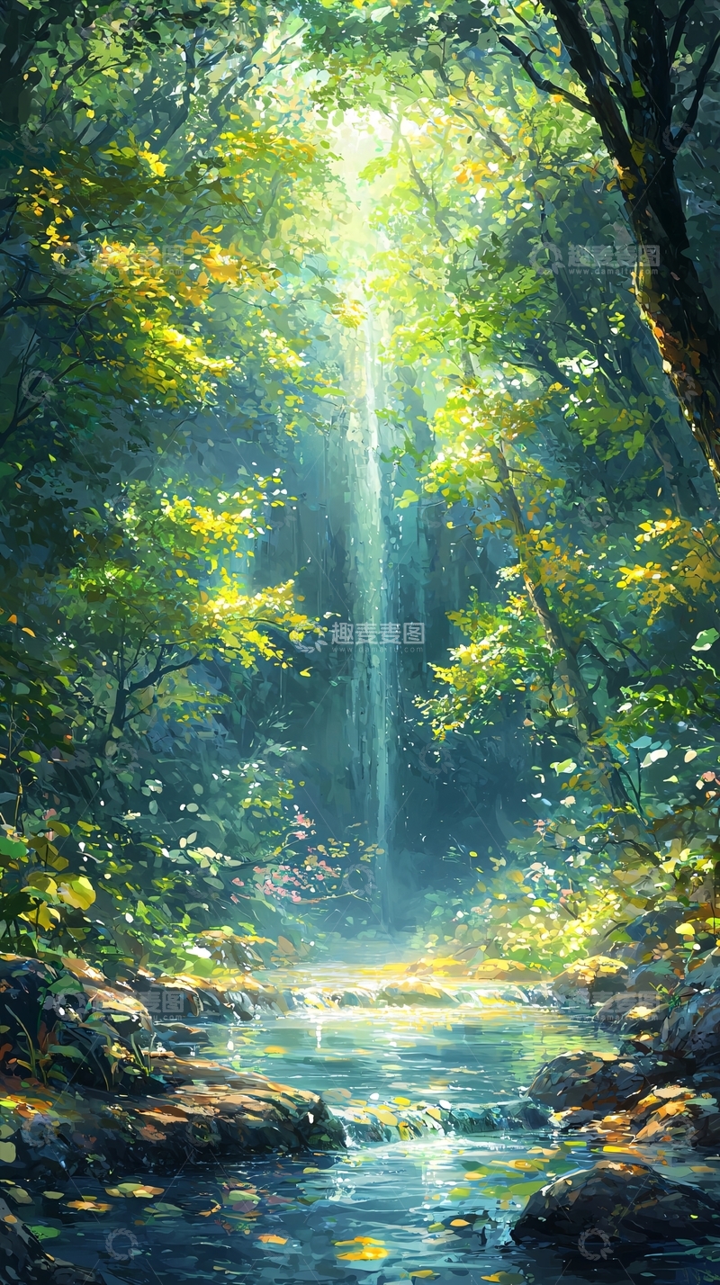 高清大图下载【趣麦麦图】森林瀑布阳光溪流