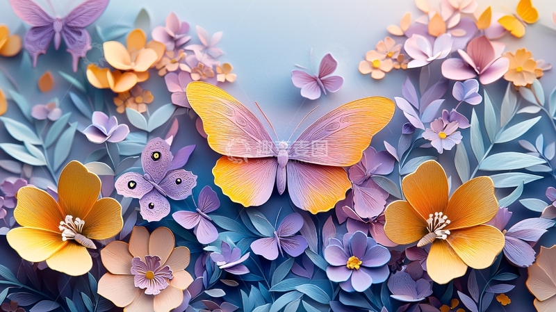 高清大图下载【趣麦麦图】纸艺蝴蝶花卉背景